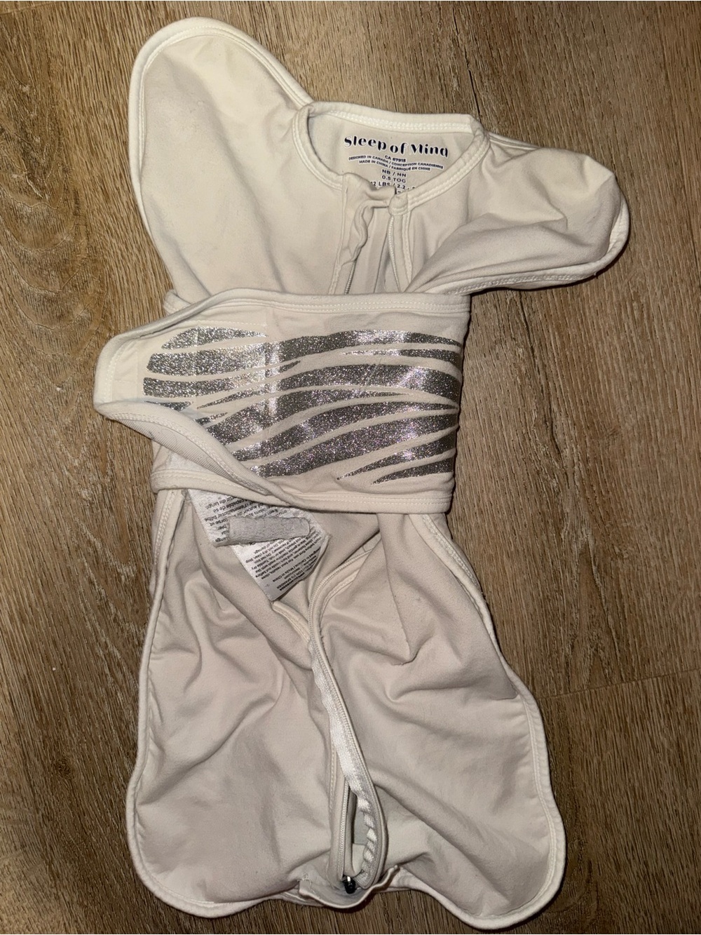 White Swaddle Sleeping Bag with reflective Silver Zebra Print